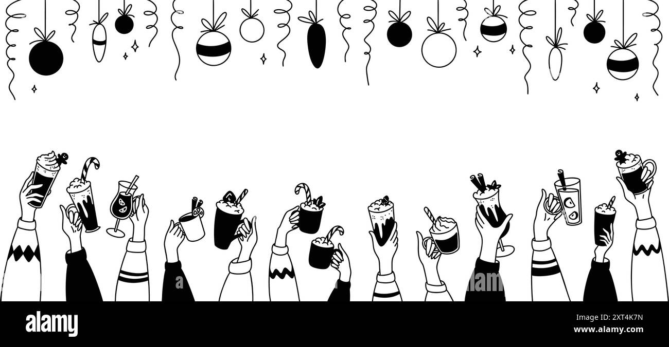 Frohe Weihnachten und frohe Neujahrsfeierlichkeiten. Lustige Menschenmenge mit heißen Getränken in den Händen bei der Partyfeier. Konfetti und Christm Stock Vektor