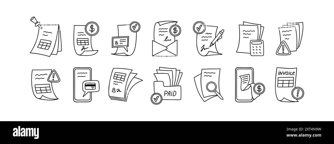 Symbolsatz für handgezeichnete Rechnungen und Rechnungen. Mobile Online-Zahlung mit Kreditkarte. Dokumente, Ordner, Berechnungen Vektorillustration, Stock Vektor