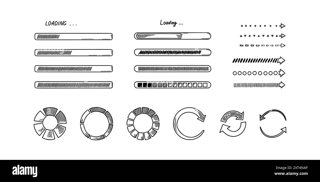 Kritzelladestange, Kreise. Handgezeichneter Satz von Grafik-, Anwendungs- und ui-Designelementen. Status des Skizzenfortschritts, Upload-Geschwindigkeit, Akkuladung. Stock Vektor