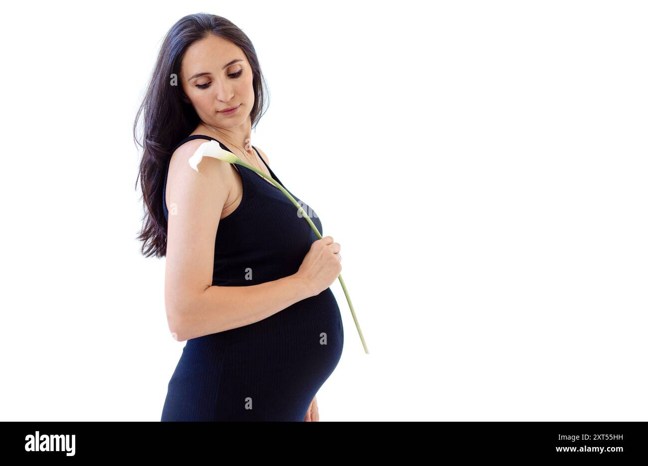 Porträt einer attraktiven jungen schwangeren Frau in einem schwarzen Kleid mit einer Blume. Eine charmante werdende Mutter hält Calla-Lilien. Eine Dame wartet auf ein Baby Stockfoto