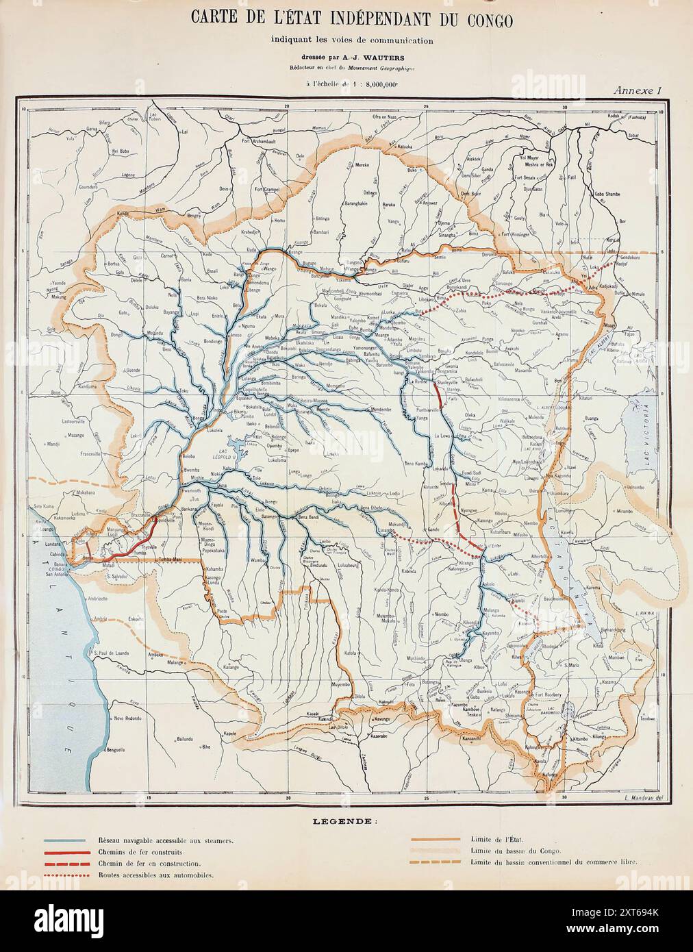 Vintage-Transportkarte. Karte des Freistaates Kongo mit der Verkehrsinfrastruktur: Bahn, Wasser, Straßen, AJ Wauters, um 1900 Stockfoto