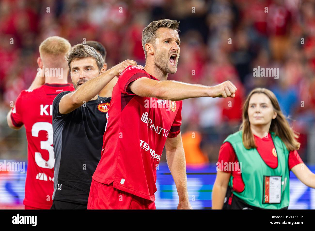 Marek Hanousek aus Widzew wurde während des polnischen PKO BP Ekstraklasa League-Spiels zwischen Widzew Lodz und Lech Poznan im Widzew Lodz Municipal Stadium gesehen. Stockfoto