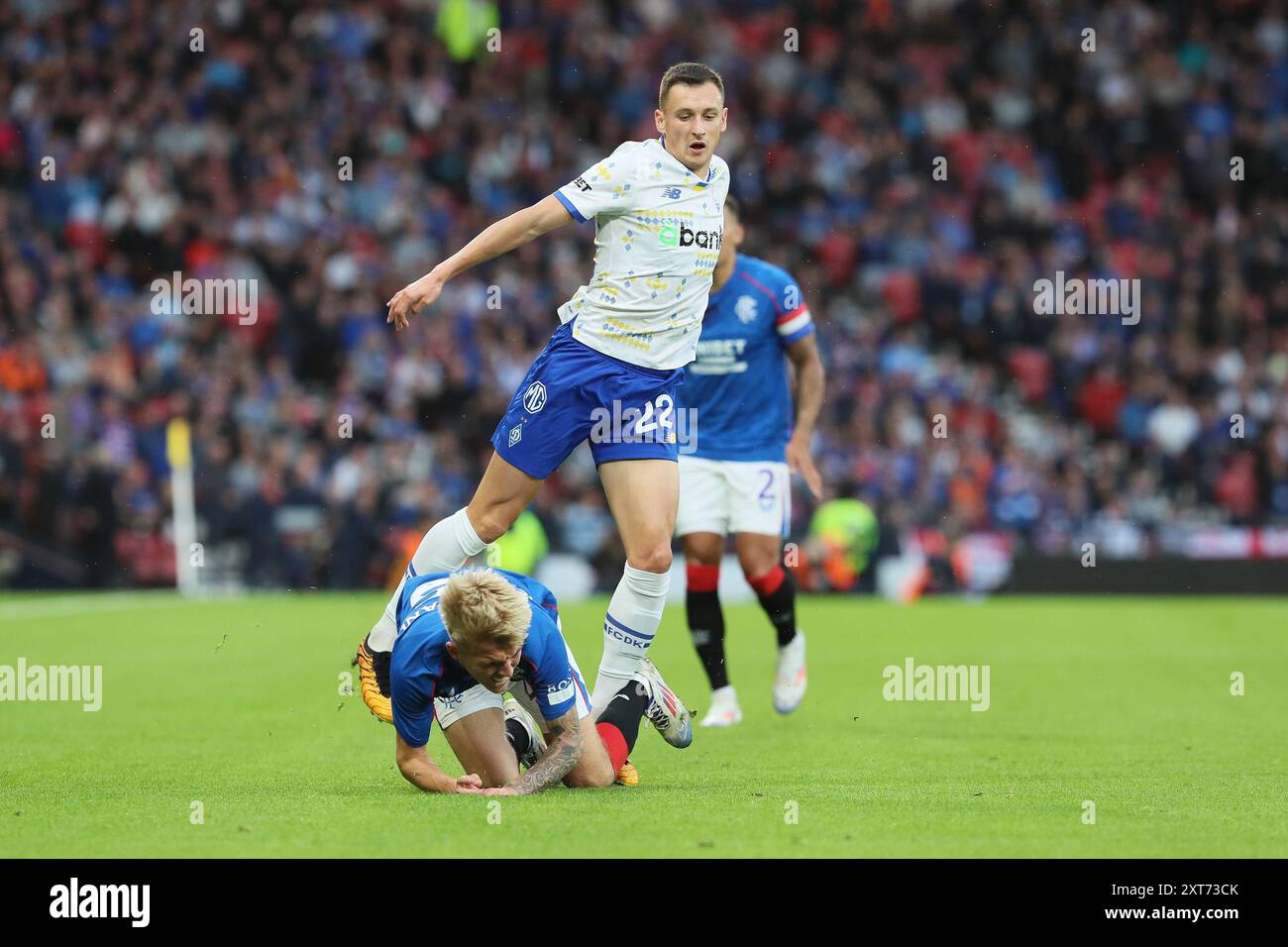 Glasgow, Großbritannien. August 2024. Die Rangers spielten Dynamo Kyiv in der Champions League im Hampden Park in Glasgow, Schottland. Das Endresultat war Dynamo Kiew mit 0:2, und die Tore wurden von O. Pikhalionok (82) und N. Voloshyn (84) erzielt. Quelle: Findlay/Alamy Live News Stockfoto