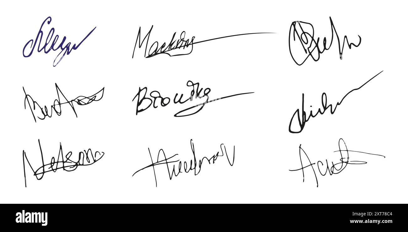 Gefälschte Signatur, handgezeichnetes Muster, eigenes Autogramm. Fiktive handschriftliche Unterschrift. Blaue Tintenfarbe. Scribble für Musterverträge Dokumente Zertifikate oder Briefe. Vektorabbildung. Stock Vektor