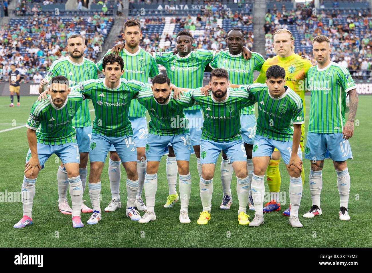 Seattle, Washington, USA. August 2024. Seattle Sounders STARTETE 11 Spieler, für das Spiel Seattle Sounders gegen Pumas Mexico City 4:0 im CONCACAF Liagues Cup Spiel am 8.9.24.Top Row, L-R: JORDAN MORRIS #13, JACKSON RAGEN #25, NOUHOU #5, Y EIMAR #28, ANDREW THOMAS #26.Bottom ROW, L-R: CRISTIAN ROLDAN #7, PAUL ROTHROCK #14, ALEX ROLDAN #17, JAO PAULO #7, OBED VARGAS #18. (Kreditbild: © Melissa Levin/ZUMA Press Wire) NUR REDAKTIONELLE VERWENDUNG! Nicht für kommerzielle ZWECKE! Stockfoto