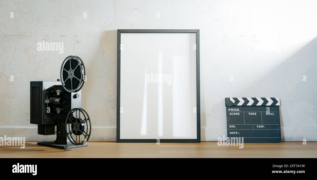 Mockup des Filmposters mit Projektor und Klatsche. 3D-Rendering Stockfoto