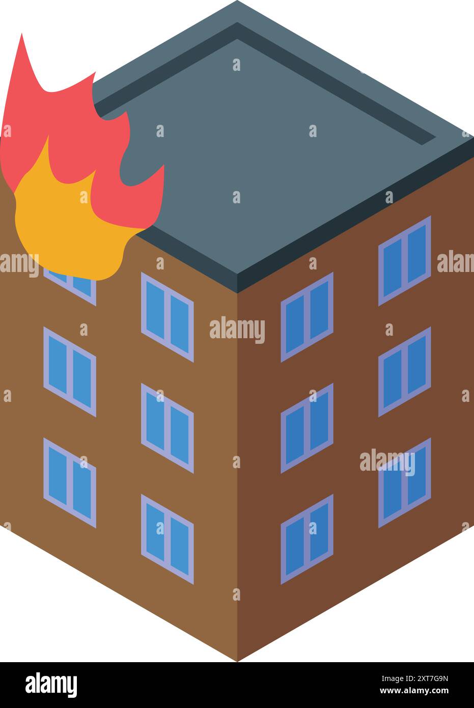 Brennendes Appartementgebäude mit Flammen, die aus der Isometrie des Dachs kommen Stock Vektor
