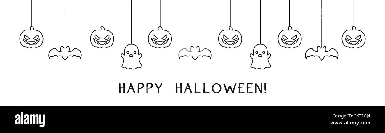 Happy Halloween Banner oder Borte mit Fledermäusen und Jack o Laterne Kürbisse umranden Doodle. Hängende Spooky Ornamente Dekoration Vektor-Illustration, Trick Stock Vektor