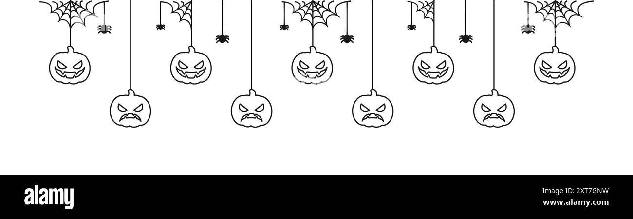 Happy Halloween Banner oder Borte mit Jack o Laterne Kürbisse umranden Doodle. Hängende Spooky Ornaments Dekoration Vektor Illustration, Trick oder Treat Stock Vektor