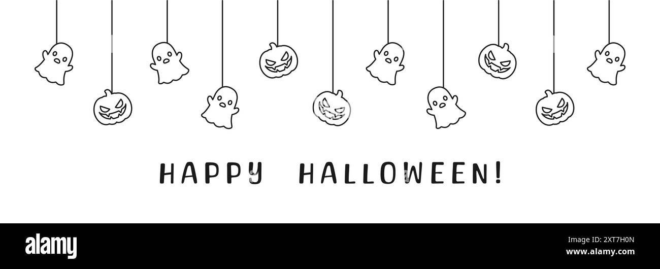 Happy Halloween Banner oder Borte mit Geist und Jack o Laterne Kürbisse umranden Doodle. Hängende Spooky Ornamente Dekoration Vektor-Illustration, Trick Stock Vektor