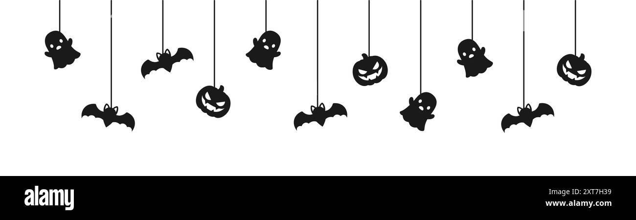 Happy Halloween Banner oder Borte mit schwarzen Fledermäusen, Geist und Jack o Laterne Kürbisse Silhouette. Hängende Spooky Ornamente Dekoration Vektor Illustratio Stock Vektor