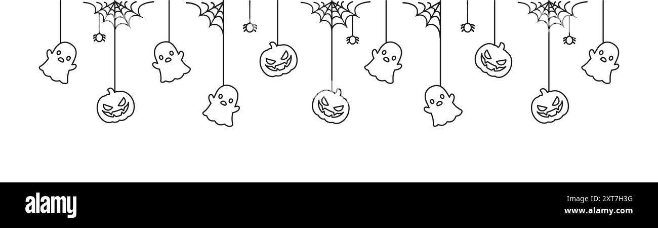 Happy Halloween Banner oder Borte mit Geist und Jack o Laterne Kürbisse umranden Doodle. Hängende Spooky Ornamente Dekoration Vektor-Illustration, Trick Stock Vektor