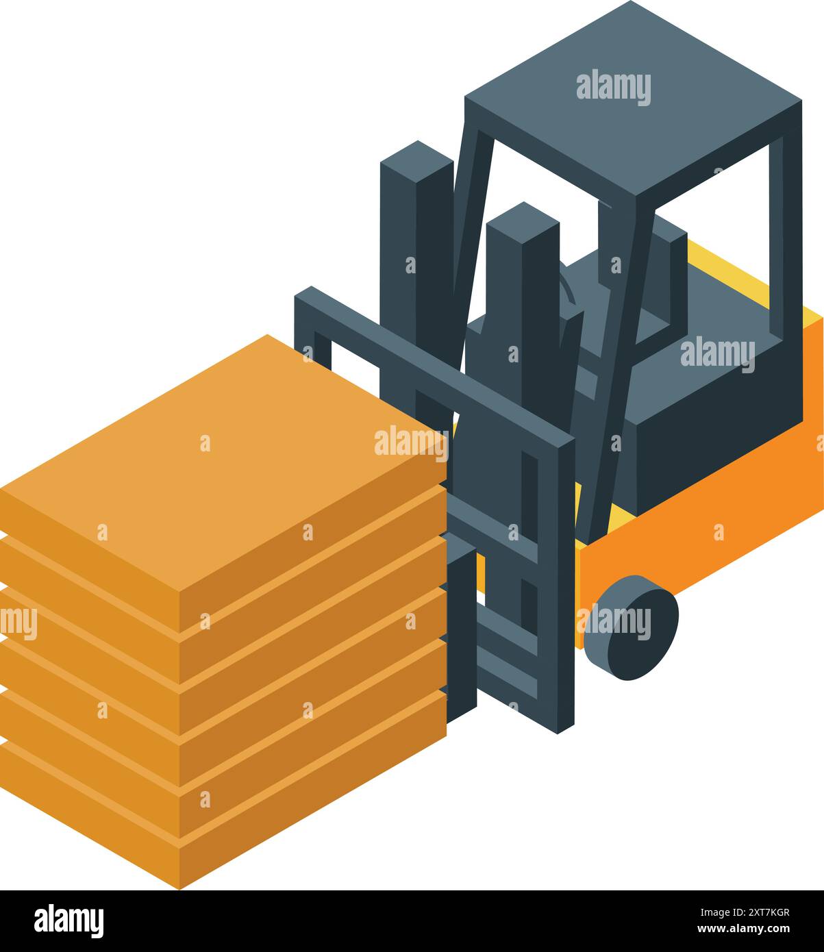 Der Gabelstapler hebt und bewegt Holzplanken, die für den Einsatz im Bau oder in der Fertigung geeignet sind Stock Vektor