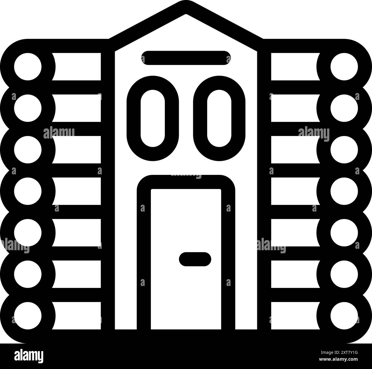 Einfaches schwarz-weißes Symbol einer Blockhüttenfassade mit zwei Fenstern und einer geschlossenen Tür Stock Vektor