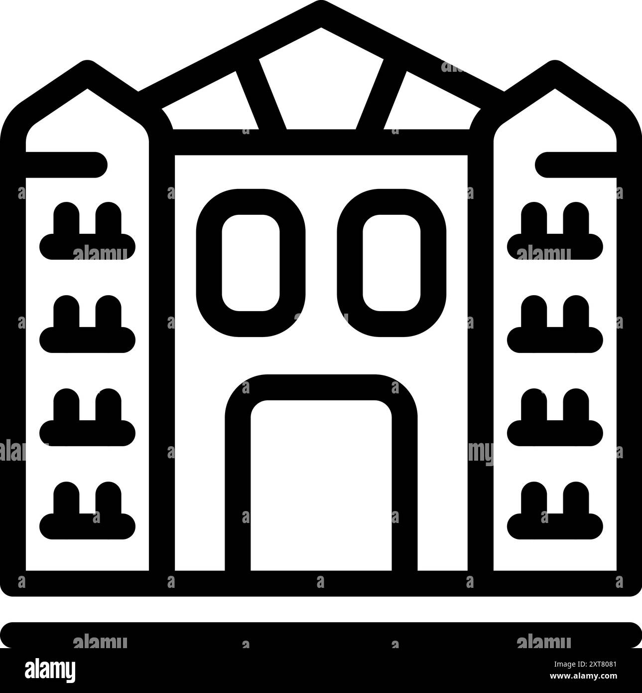 Einfaches Schwarz-weiß-Symbol eines großen Gebäudes mit vielen Fenstern und Balkonen Stock Vektor