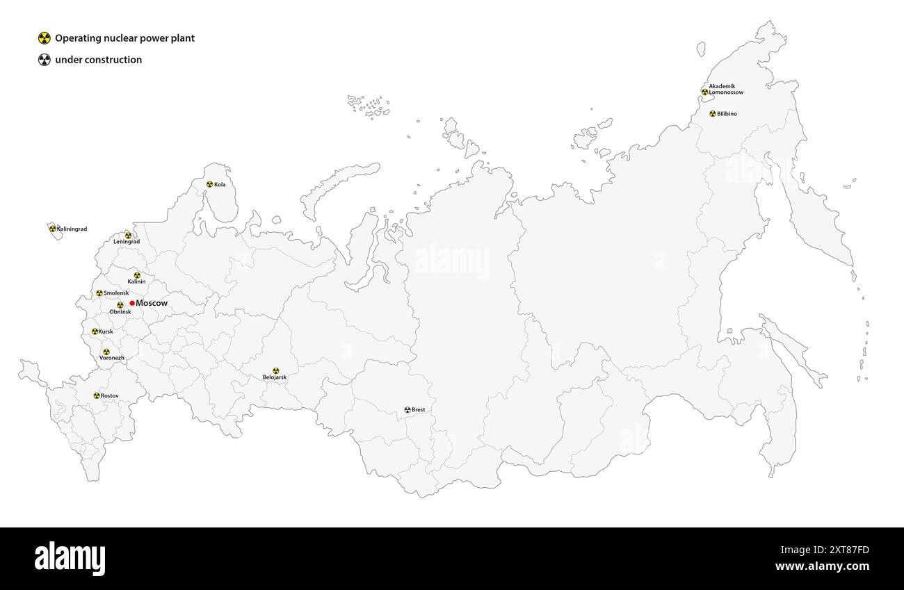 Karte der in Betrieb befindlichen russischen Kernkraftwerke Stockfoto