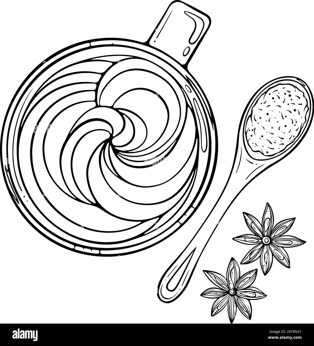 Tasse Cappuccino mit einem Teelöffel von oben Stock Vektor