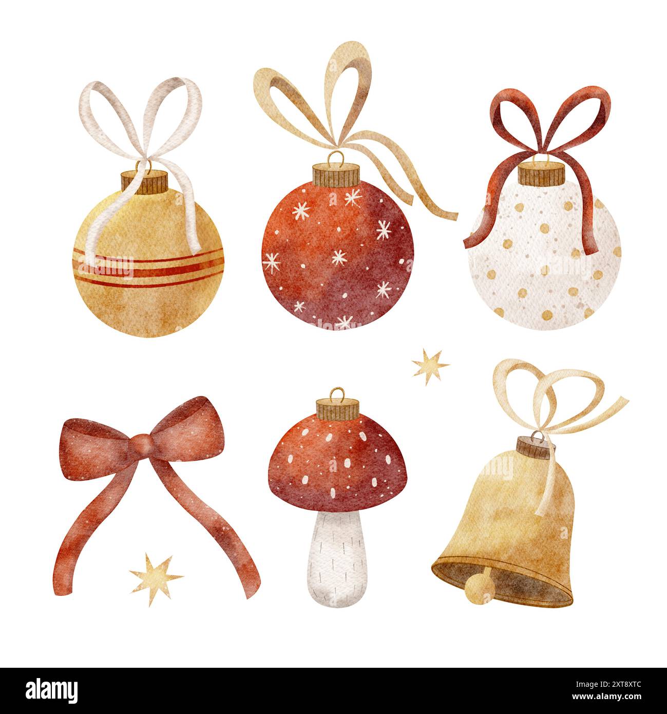 Weihnachtskugeln, Sterne isoliert. Aquarell Neujahrsillustrationen für Karten, Poster, Geschirr, Einladungen, Aufkleber Stockfoto