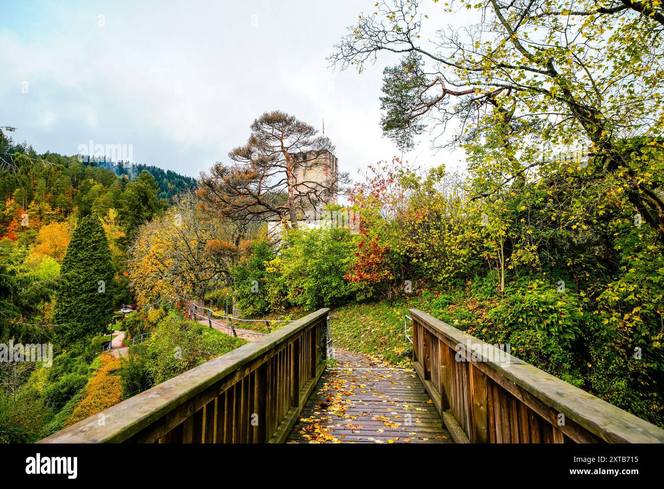 Holzbrücke für Fußgänger mit Herbstlandschaft im Hintergrund. Stockfoto