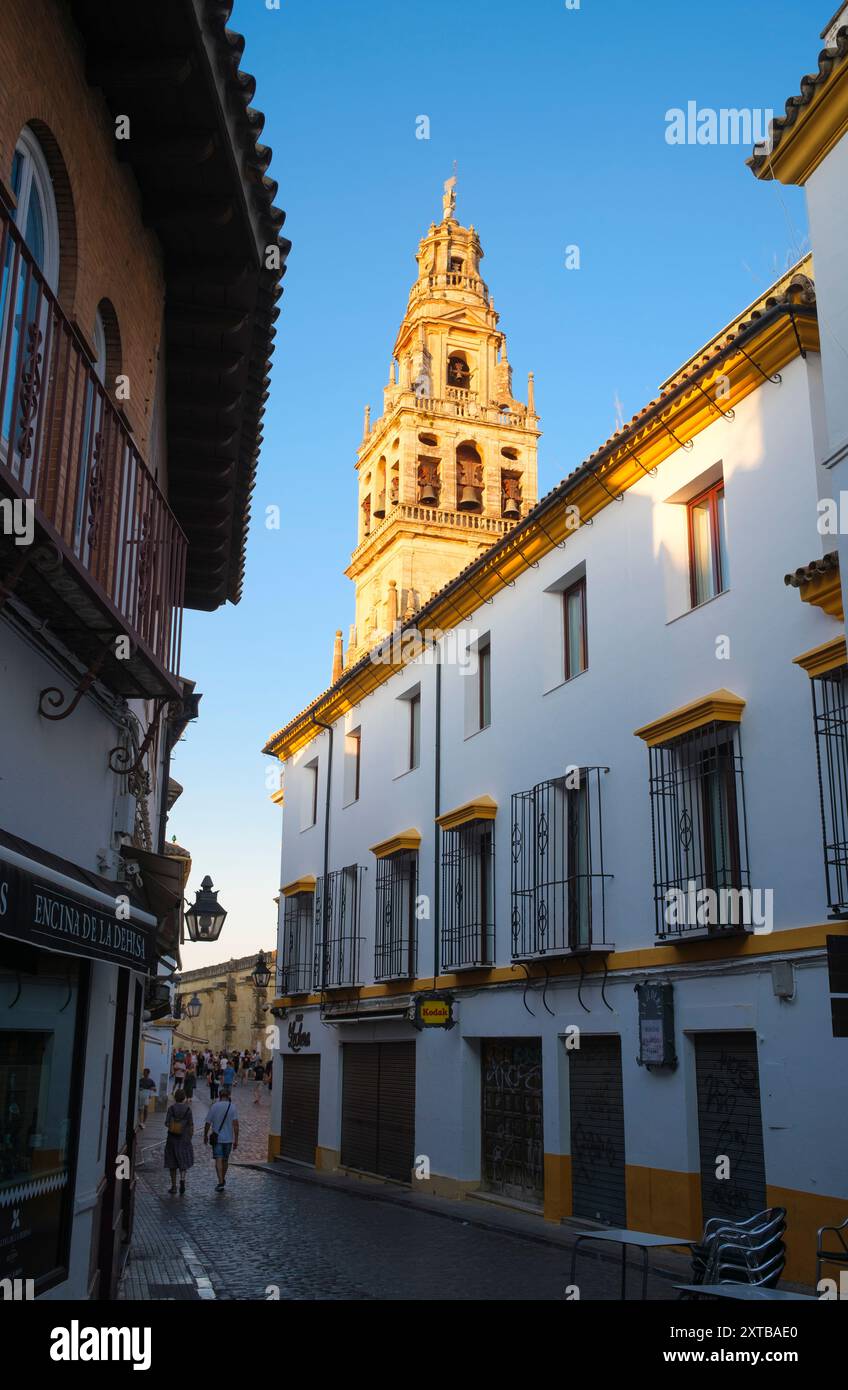 Spanien: Der Glockenturm, Mezquita oder die Moschee-Kathedrale von Cordoba (Kathedrale unserer Lieben Frau von der Himmelfahrt), Cordoba. Der Bau der Großen Moschee begann 785–786 und endete ein Jahr später 786–787. 1236 wurde Córdoba von König Ferdinand III. Von Kastilien als Teil der Reconquista erobert. Nach der Eroberung der Stadt wurde die Moschee in eine katholische Kathedrale umgewandelt, die der Jungfrau Maria (Santa Maria) geweiht ist. Stockfoto
