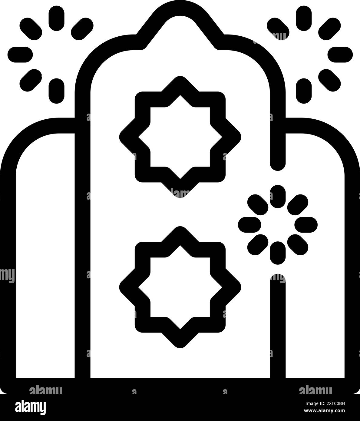 Strichkunstsymbol eines Moschee-Gebäudes mit Feuerwerk, das islamische Feiertage und Feierlichkeiten symbolisiert Stock Vektor