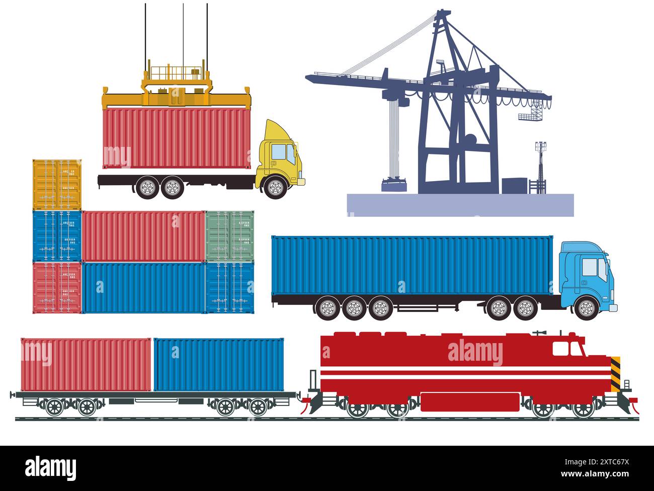 Containertransport mit LKW und Güterzug., Illustration Stockfoto