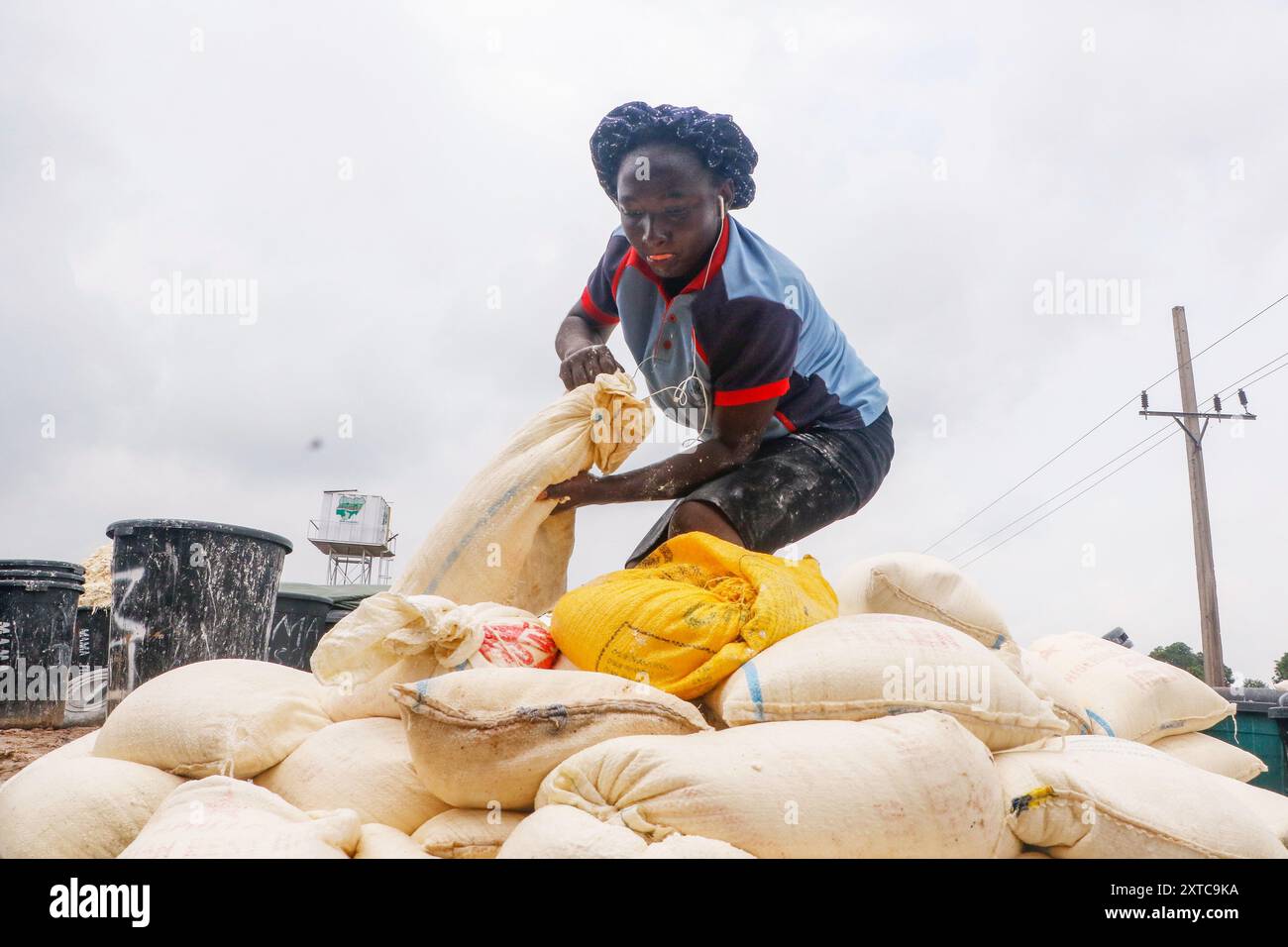 Die Weibchen in Abuja kämpfen in einer lokalen Maniok-Verarbeitungsfabrik unter schwierigen Bedingungen, um Mehl herzustellen, während sie die Spreu aus fermentiertem Maniok waschen. Angesichts der wirtschaftlichen Unsicherheiten stehen diese jungen Mädchen und Frauen vor verschiedenen Herausforderungen, um sich selbst zu stärken, Arbeitsplätze für andere zu schaffen und den Lebensunterhalt zu sichern. Die meisten Frauen hier sind Brotgewinner und sie kämpfen für ihre Familien. Nigeria. Stockfoto