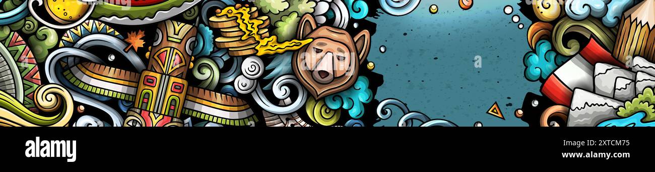 Zeichentrickvektor Doodle Kanada Banner Design Vorlagen. Lustiger kanadischer farbenfroher Hintergrund Stock Vektor