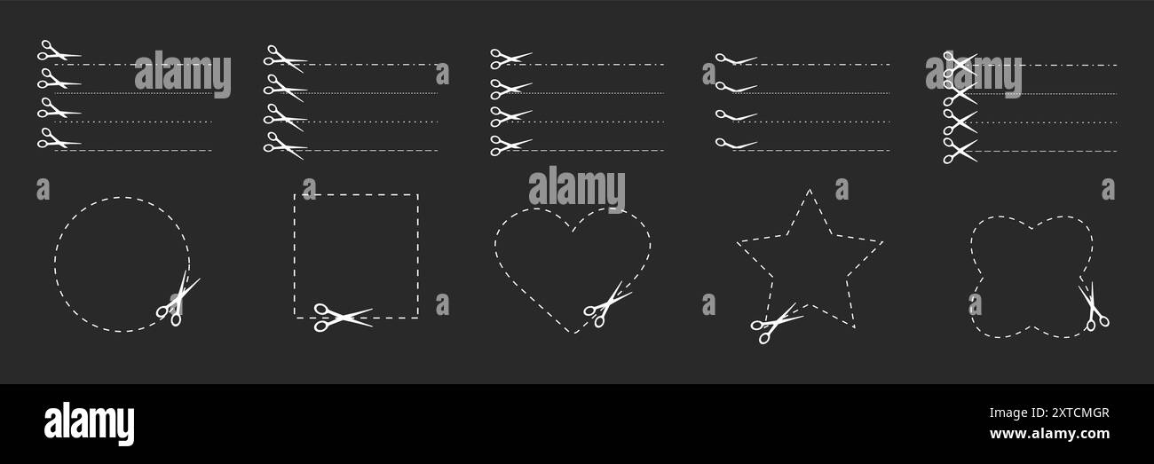 Hier ausschneiden. Schwarze Schere schneiden. Set aus geschnittenen Strichlinien und Formen, die auf schwarzem Hintergrund isoliert sind. Einfache Vektorillustration. Scherpapier schneiden Stock Vektor