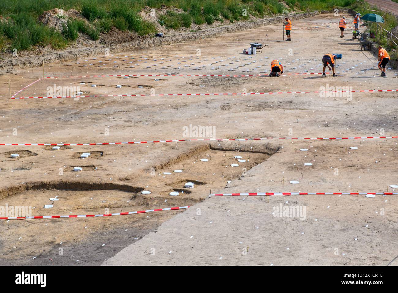 14. August 2024, Sachsen-Anhalt, Belkau: Archäologen des Landesamtes für Denkmalpflege und Archäologie Sachsen-Anhalt nehmen Bodenproben von einer Ausgrabungsstelle. Dort haben die Archäologen Spuren einer Siedlung gefunden, deren Häuser angeblich um 5000 v. Chr. dort gestanden haben. Die weißen Eimer im Boden zeigen die Stellen, an denen die Balken dieser Häuser standen. Die Bodenproben sollen nun untersucht werden. Die Archäologen wollen damit herausfinden, ob die Siedler damals dort Vieh hielten. Die Ausgrabungen fanden im Vorfeld des Bauwerks statt Stockfoto