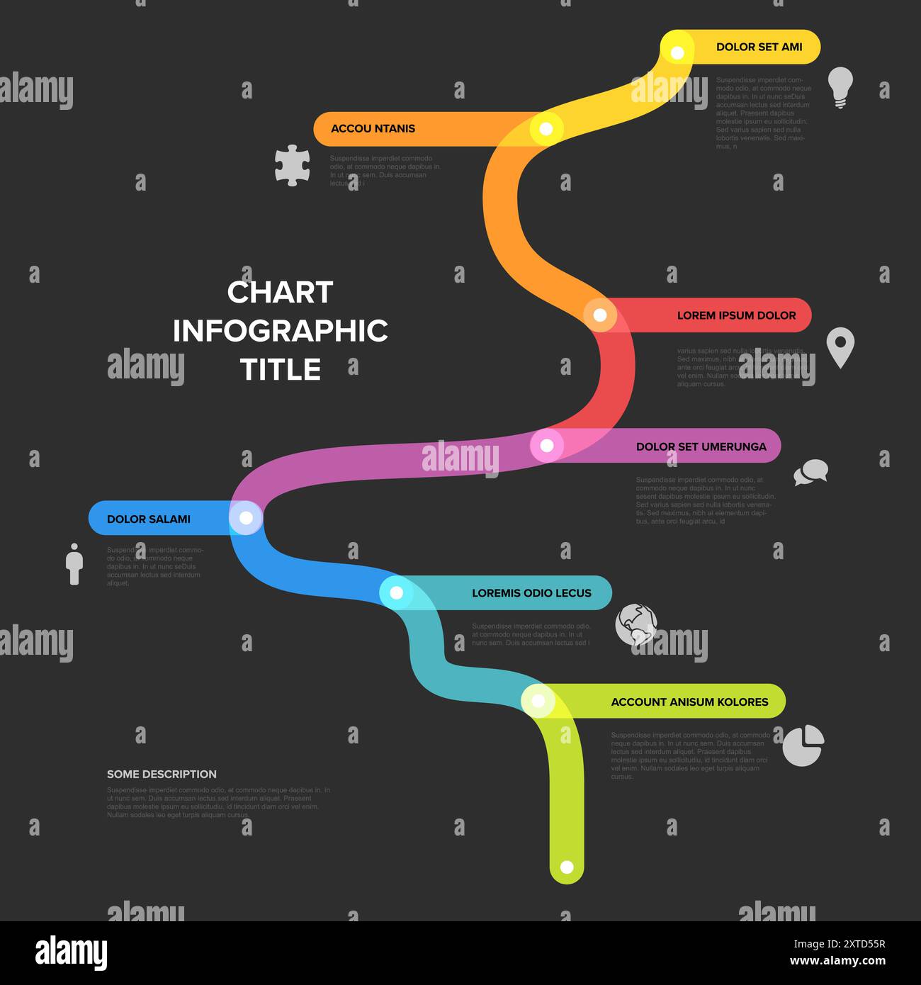 Einfache Zeitachsenvorlage für Diagramme aus dicken Liniensegmenten in Regenbogenfarben. Dunkle Mehrzweck-Infochart-Vorlage mit Hauptmeilensteinen oder wichtigen Meilensteinen Stock Vektor