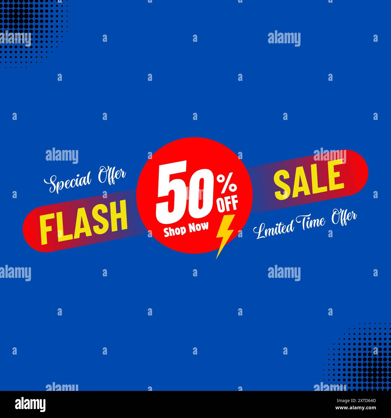 Sonderangebot 50 % Rabatt auf Shop Now Bannervorlage mit isoliertem blauem Hintergrund, Flash Sale Shopping Poster oder Banner mit Flash-Symbol. Blitz Sa Stock Vektor