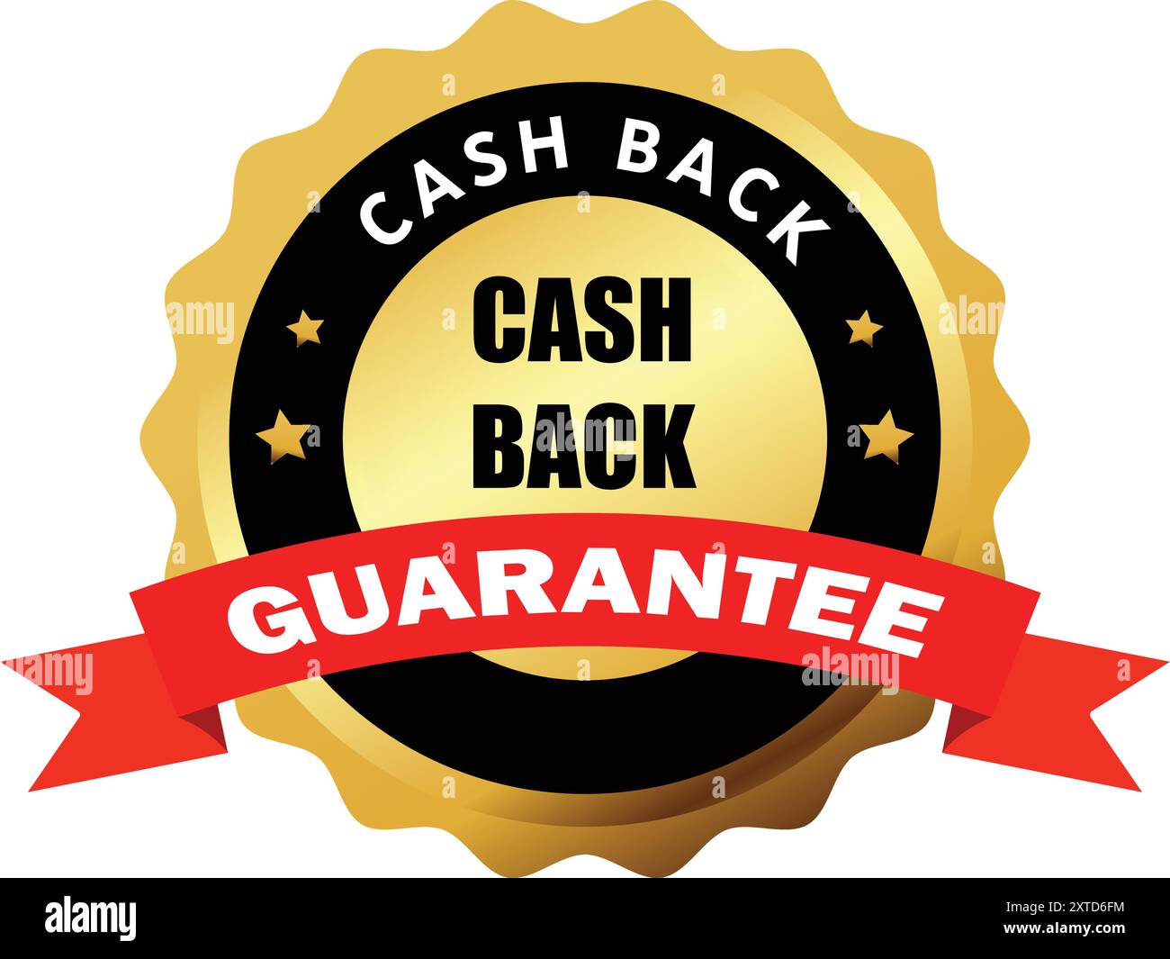 Symbol für die Cash-Back-Garantie in rotem gebogenem Band, Symbol für die Cash-Back-Garantie mit Band, Etikett für die Cash-Back-Garantie, garantiertes Produkt, Cash-Back-Gua Stock Vektor