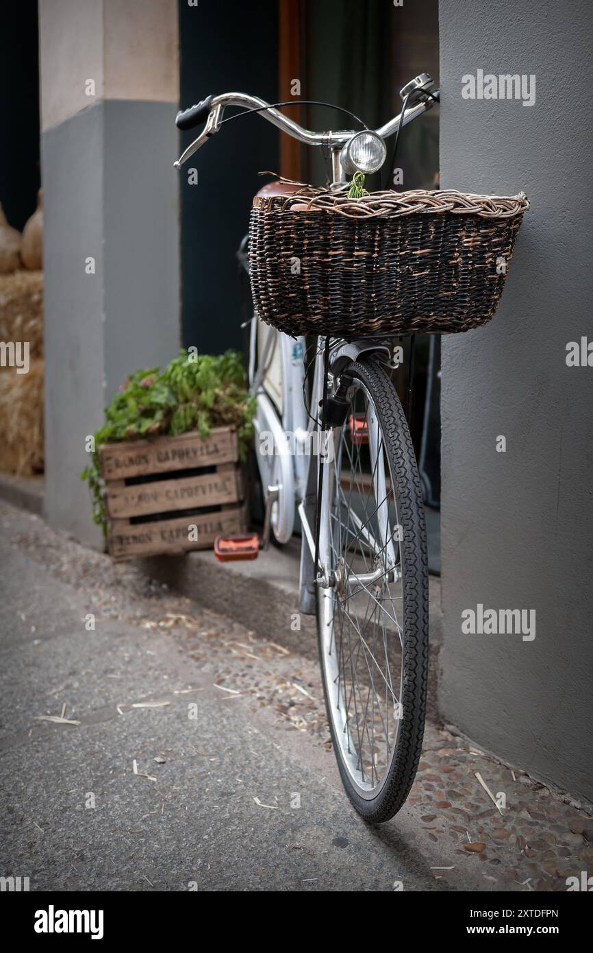 Altes Fahrrad, das im Retro-Stil an der Wand liegt Stockfoto