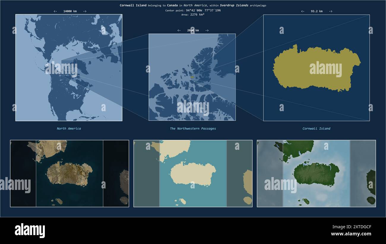 Cornwall Island in den nordwestlichen Passagen - gehört zu Kanada. Beschriebenes Lagediagramm mit gelber Form der Insel und Beispielkarten von Stockfoto