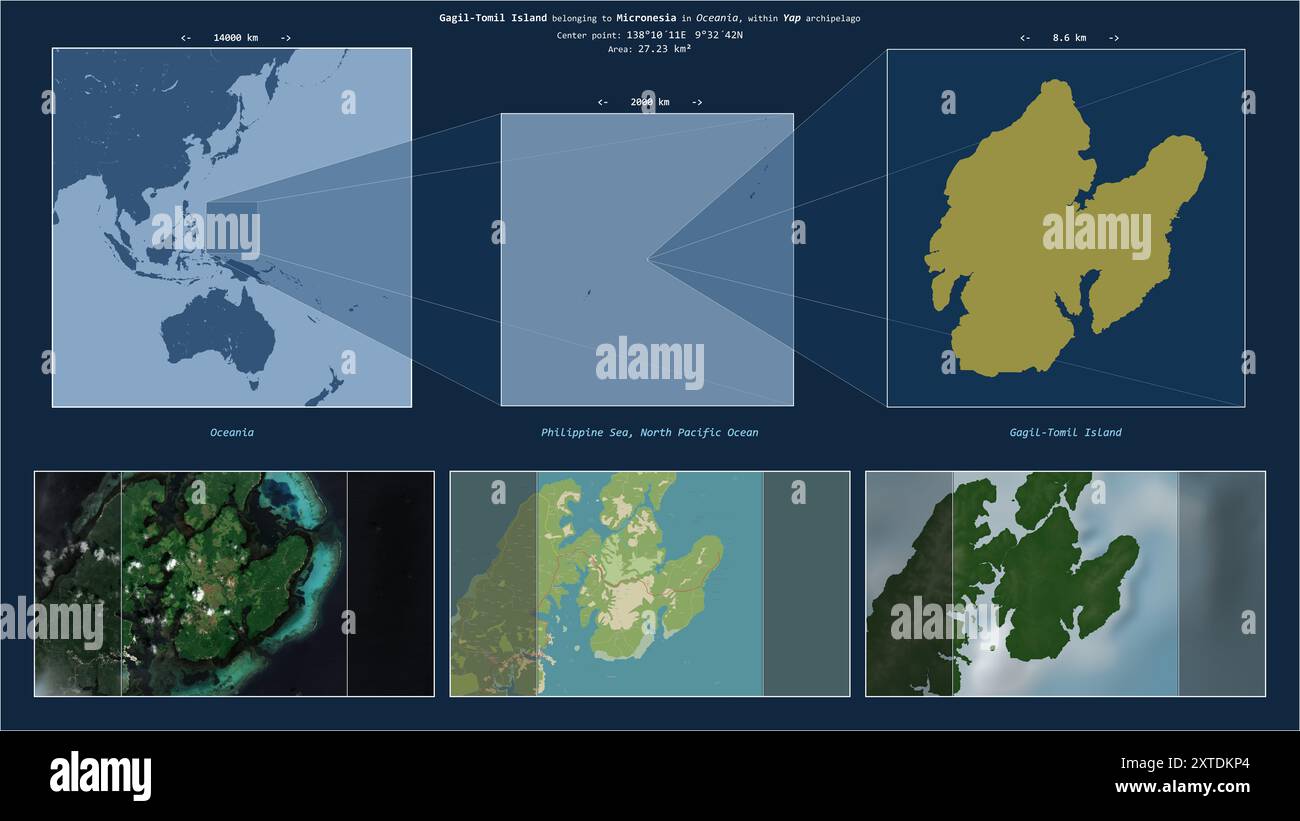 Gagil-Tomil-Insel in der Philippinischen See - gehört zu Mikronesien. Beschriebenes Lagediagramm mit gelber Form der Insel und Beispielkarten der Insel Stockfoto