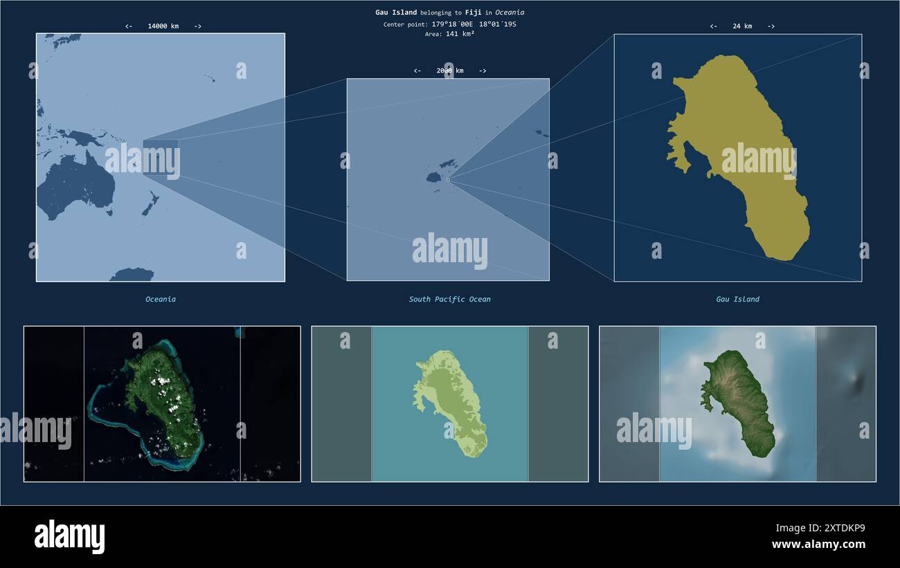 Die Insel Gau im Südpazifik gehört zu Fidschi. Beschriebenes Lagediagramm mit gelber Form der Insel und Beispielkarten ihrer Umgebung Stockfoto