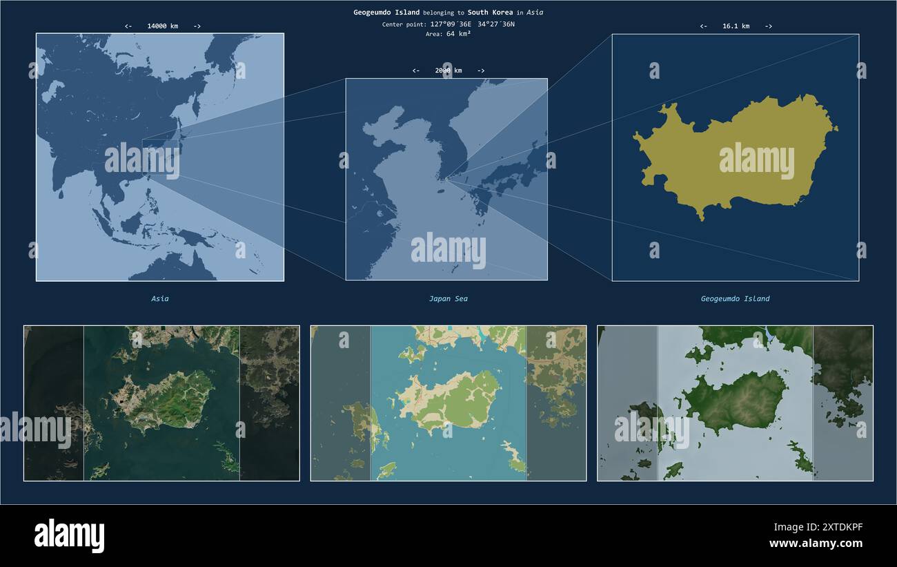 Geogeumdo-Insel im Japanischen Meer - gehört zu Südkorea. Beschriebenes Lagediagramm mit gelber Form der Insel und Beispielkarten ihrer Umgebung Stockfoto