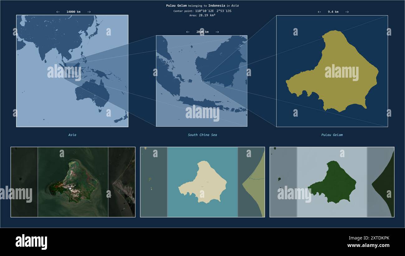 Pulau Gelam im Südchinesischen Meer - gehört zu Indonesien. Beschriebenes Lagediagramm mit gelber Form der Insel und Beispielkarten ihrer Umgebung Stockfoto