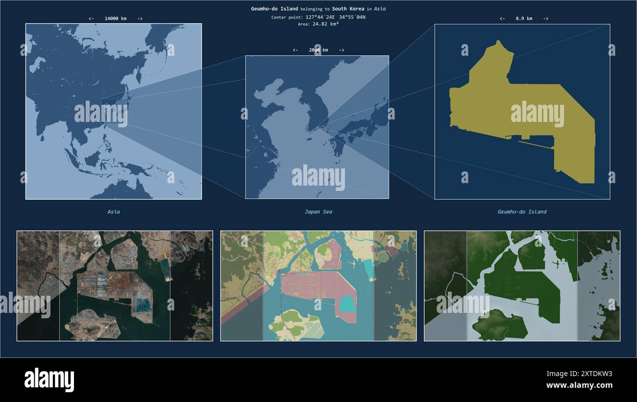 Geumho-Do-Insel im Japanischen Meer - gehört zu Südkorea. Beschriebenes Lagediagramm mit gelber Form der Insel und Beispielkarten ihrer Umgebung Stockfoto