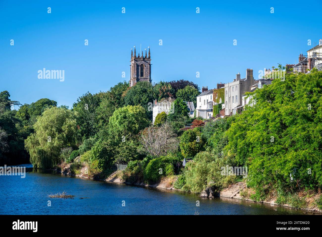 Blick über den Fluss exe mit dem historischen St. Peter's Kirchturm, Tiverton, Devon, England, Großbritannien Stockfoto