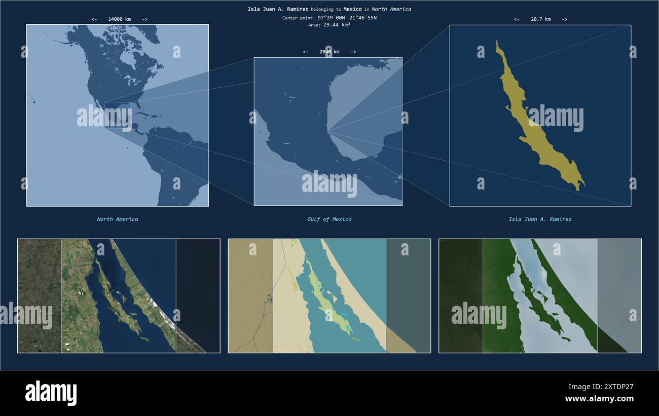 Isla Juan A. Ramirez im Golf von Mexiko - gehört zu Mexiko. Beschriebenes Lagediagramm mit gelber Form der Insel und Beispielkarten ihrer su Stockfoto