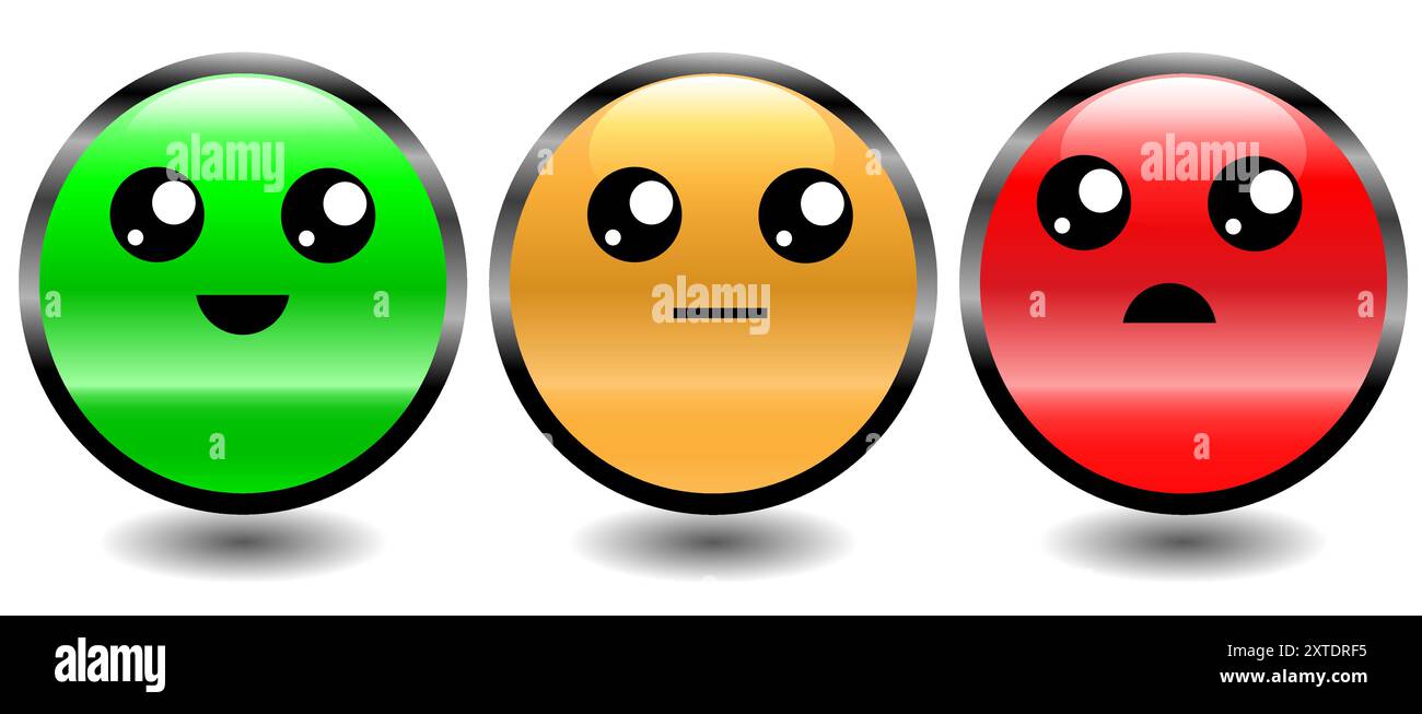 Grüne, gelbe und rote Tasten für Feedback oder Rezension mit niedlichen Comic-Gesichtern Stock Vektor