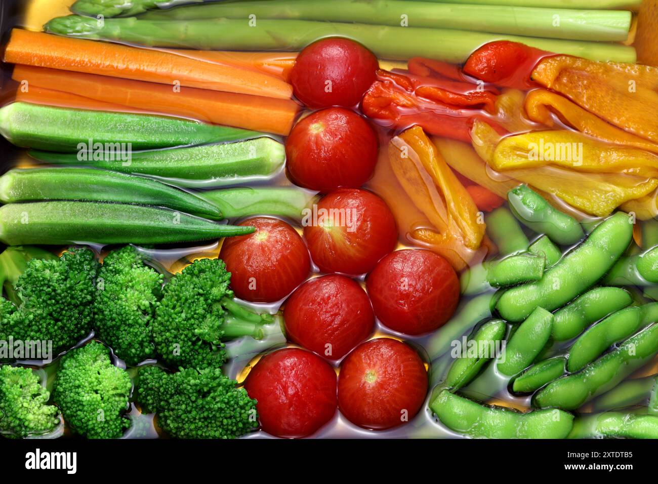 Kalte Vorspeise für den Sommer. Leicht gekochtes oder frittiertes Gemüse und dann in Brühe eingeweicht. Stockfoto