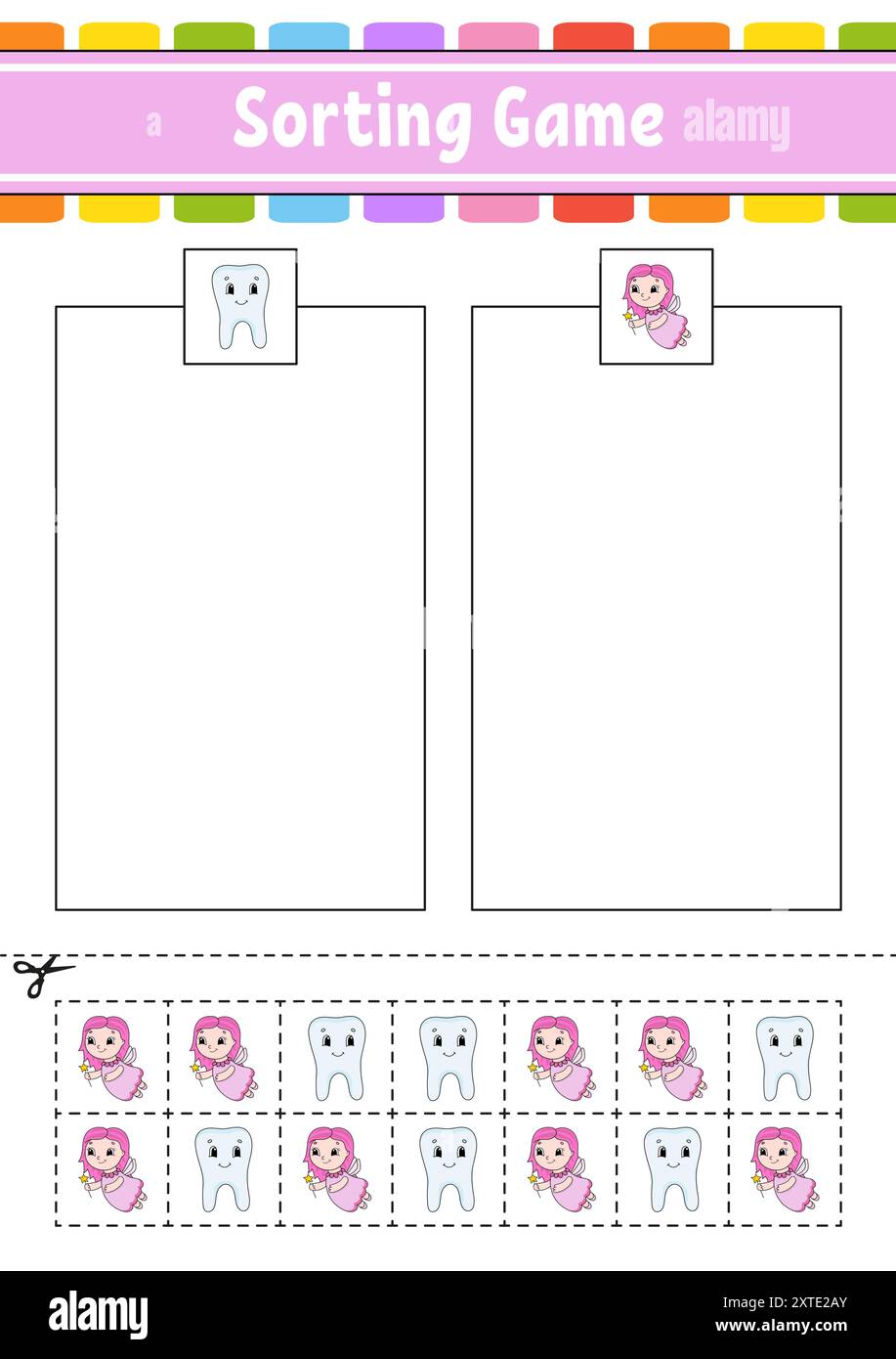 Sortierspiel für Kinder. Schneiden und kleben. Arbeitsblatt zur Entwicklung von Bildungsmaßnahmen. Passendes Spiel für Kinder. Seite „Farbaktivität“. Puzzle für Kinder. Niedlicher Charakter. Stock Vektor
