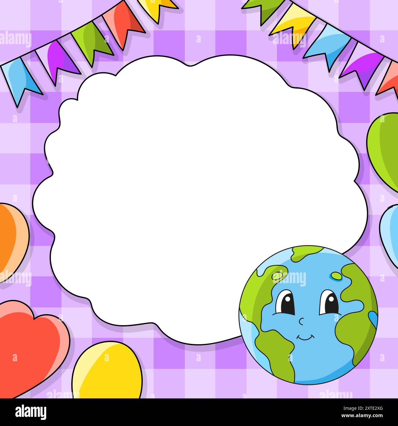 Festliches Bild mit Kopierraum für Text. Zeichentrickfigur, Ballons, Girlanden. Für die Gestaltung von Grußkarten, Geburtstagen, Aufklebern. Vektorillustrat Stock Vektor