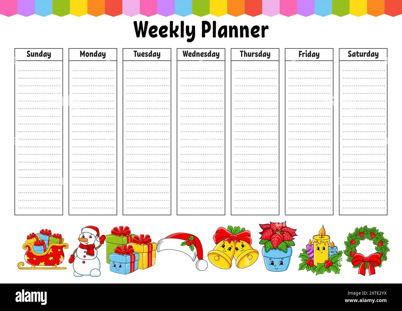Wochenplaner. Bunte leere druckbare Vorlage. Weihnachtsmotiv. Vektorabbildung. Stock Vektor