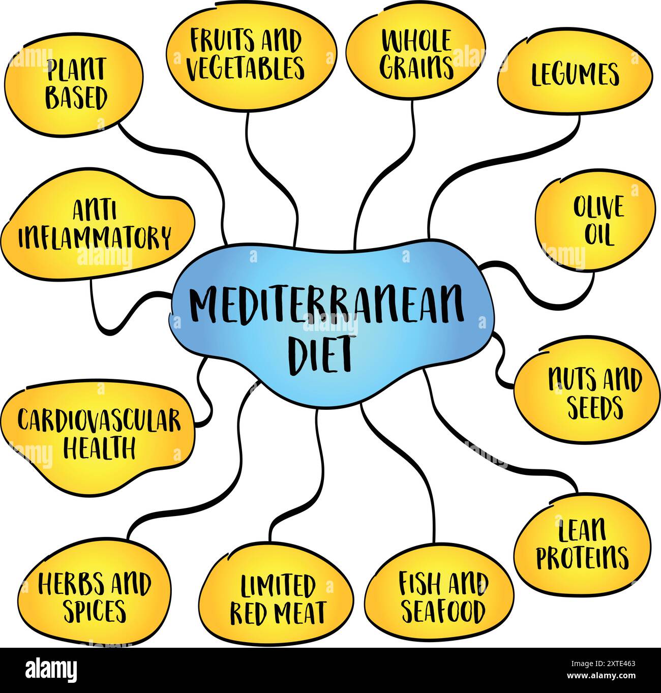 Mediterrane Ernährung, Konsum von pflanzlichen Lebensmitteln, gesunde Fette und fettfreie Proteine in den Mittelmeerländern, Mindmap Infographi Stock Vektor