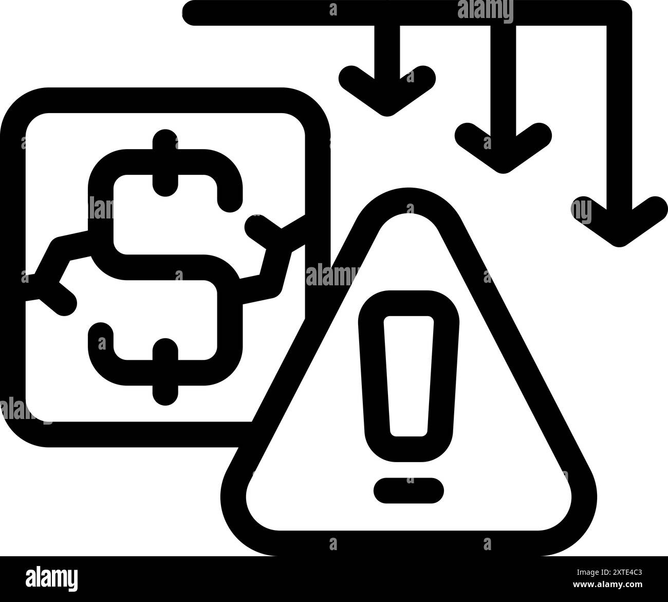 Gerissenes Dollarzeichen mit Pfeilen nach unten über einem Warnsymbol, das eine Wirtschaftskrise darstellt Stock Vektor