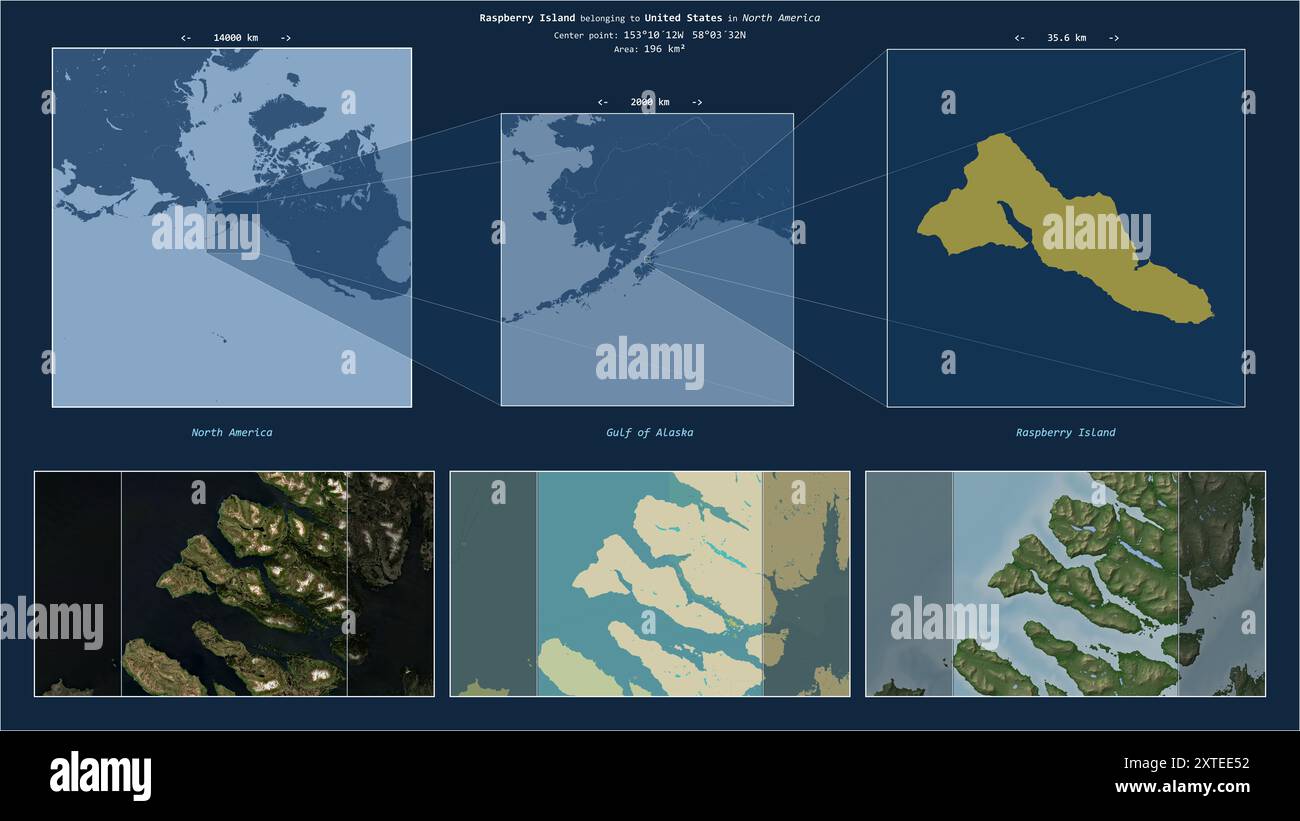 Raspberry Island im Golf von Alaska - gehört zu den Vereinigten Staaten. Beschriebenes Lagediagramm mit gelber Form der Insel und Beispielkarten der Insel Stockfoto